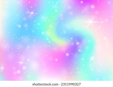 Fondo holograma con malla arco iris. Banner del universo líquido en colores princesas. Fondo degradado de fantasía. Fondo de unicornio holograma con destellos de hadas, estrellas y borrosas.