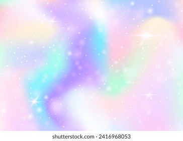 Fondo holograma con malla arco iris. Banner del universo líquido en colores princesas. Fondo degradado de fantasía. Fondo de unicornio holograma con destellos de hadas, estrellas y borrosas.
