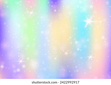 Hologram background with rainbow mesh. Liquid universe banner in princess colors. Fantasy gradient backdrop. Hologram unicorn background with fairy sparkles, stars and blurs.