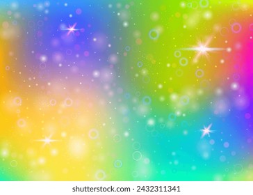 Hologram background with rainbow mesh. Liquid universe banner in princess colors. Fantasy gradient backdrop. Hologram magic background with fairy sparkles, stars and blurs.