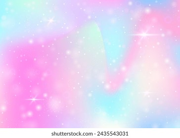 Hologram background with rainbow mesh. Liquid universe banner in princess colors. Fantasy gradient backdrop. Hologram magic background with fairy sparkles, stars and blurs.