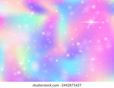 Hologram background with rainbow mesh. Liquid universe banner in princess colors. Fantasy gradient backdrop. Hologram unicorn background with fairy sparkles, stars and blurs.