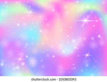 Hologram background with rainbow mesh. Multicolor universe banner in princess colors. Fantasy gradient backdrop. Hologram unicorn background with fairy sparkles, stars and blurs.