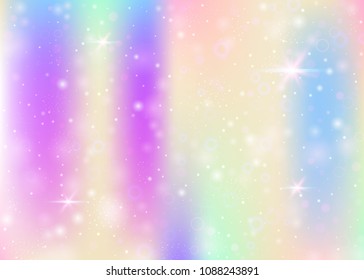 Hologram background with rainbow mesh. Multicolor universe banner in princess colors. Fantasy gradient backdrop. Hologram magic background with fairy sparkles, stars and blurs.