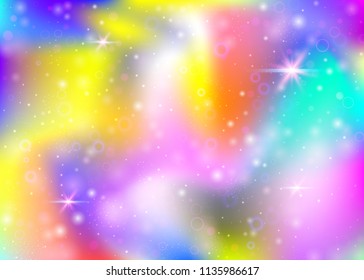 Hologram background with rainbow mesh. Multicolor universe banner in princess colors. Fantasy gradient backdrop. Hologram unicorn background with fairy sparkles, stars and blurs.