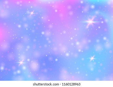 Hologram background with rainbow mesh. Multicolor universe banner in princess colors. Fantasy gradient backdrop. Hologram magic background with fairy sparkles, stars and blurs.