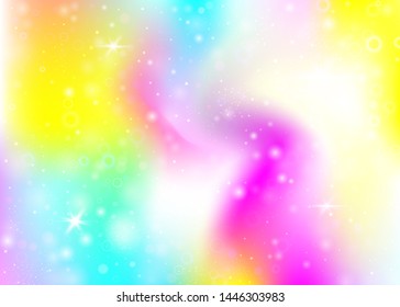 Hologram background with rainbow mesh. Multicolor universe banner in princess colors. Fantasy gradient backdrop. Hologram unicorn background with fairy sparkles, stars and blurs.