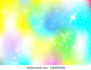 Hologram background with rainbow mesh. Multicolor universe banner in princess colors. Fantasy gradient backdrop. Hologram unicorn background with fairy sparkles, stars and blurs.