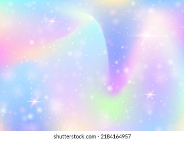 Hologram background with rainbow mesh. Multicolor universe banner in princess colors. Fantasy gradient backdrop. Hologram magic background with fairy sparkles, stars and blurs.