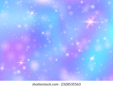 Hologram background with rainbow mesh. Multicolor universe banner in princess colors. Fantasy gradient backdrop. Hologram unicorn background with fairy sparkles, stars and blurs.