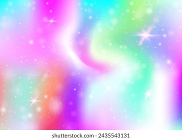 Hologram background with rainbow mesh. Multicolor universe banner in princess colors. Fantasy gradient backdrop. Hologram magic background with fairy sparkles, stars and blurs.