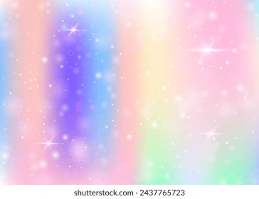 Hologram background with rainbow mesh. Multicolor universe banner in princess colors. Fantasy gradient backdrop. Hologram unicorn background with fairy sparkles, stars and blurs.