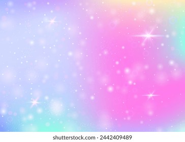 Fondo del holograma con la malla del arco iris. Banner de universo multicolor en colores princesa. Fondo de degradado de fantasía. Fondo de unicornio holograma con destellos de hadas, estrellas y borrosos.