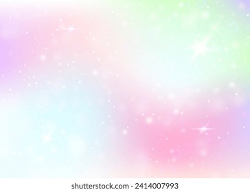 Hologram background with rainbow mesh. Mystical universe banner in princess colors. Fantasy gradient backdrop. Hologram unicorn background with fairy sparkles, stars and blurs.