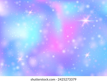 Hologram background with rainbow mesh. Mystical universe banner in princess colors. Fantasy gradient backdrop. Hologram unicorn background with fairy sparkles, stars and blurs.