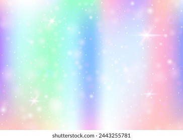 Hologram background with rainbow mesh. Mystical universe banner in princess colors. Fantasy gradient backdrop. Hologram unicorn background with fairy sparkles, stars and blurs.