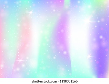 Hologram background with rainbow mesh. Trendy universe banner in princess colors. Fantasy gradient backdrop. Hologram magic background with fairy sparkles, stars and blurs.