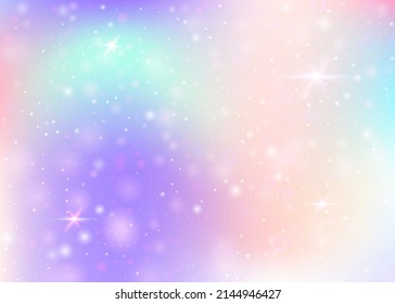 Hologram background with rainbow mesh. Trendy universe banner in princess colors. Fantasy gradient backdrop. Hologram magic background with fairy sparkles, stars and blurs.