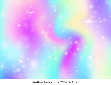 Hologram background with rainbow mesh. Trendy universe banner in princess colors. Fantasy gradient backdrop. Hologram magic background with fairy sparkles, stars and blurs.