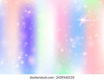 Hologram background with rainbow mesh. Trendy universe banner in princess colors. Fantasy gradient backdrop. Hologram unicorn background with fairy sparkles, stars and blurs.