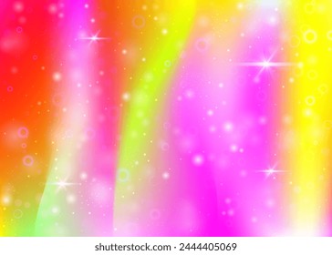 Hologram background with rainbow mesh. Trendy universe banner in princess colors. Fantasy gradient backdrop. Hologram unicorn background with fairy sparkles, stars and blurs.