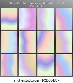Hologram background vector set. Abstract pastel background surface from 90s. Pack with 12 different pastel holographic abstract backdrops. Useful for retro style surface
