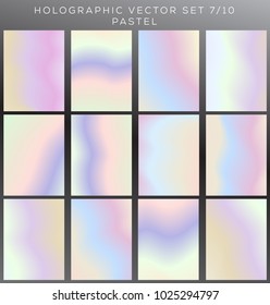 Hologram background vector set. Abstract pastel background surface from 90s. Pack with 12 different pastel holographic abstract backdrops. Useful for retro style surface
