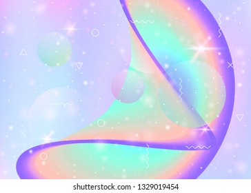 Hologram background with vibrant rainbow gradients. Dynamic fluid. Holographic cosmos. Design layout for cover, poster and wallpaper. Memphis hologram background.