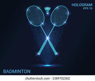 Hologram badminton. Holographic projection racket and shuttlecock. Flickering energy flux of particles. Scientific sports design.