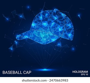 Un holograma de una gorra de béisbol. Una gorra de béisbol hecha de polígonos, triángulos de puntos y líneas. La tapa es una estructura compuesta de bajo contenido de polietileno. Tecnología concepto Vector.