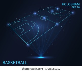 Hologram basketball. Holographic projection of the basketball court. Flickering energy flux of particles. The scientific design of the sport.