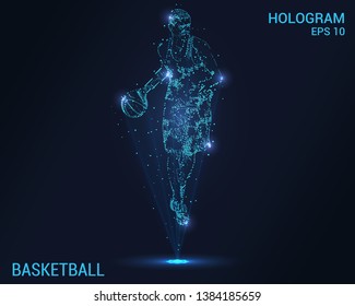 Hologram basketball. Holographic projection basketball player. Flickering energy flux of particles. The scientific design of basketball