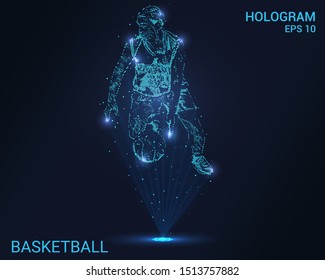 Hologram basketball. Holographic projection of a basketball player. Flickering energy flux of particles. The scientific design of the sport.