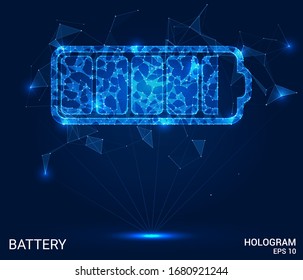 A hologram of the battery. A battery of polygons, triangles , points, and lines. The battery is a low-poly connection structure. The technology concept.