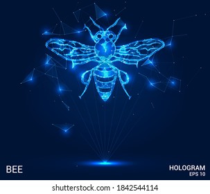 Ein Hologramm einer Biene. Eine Biene aus Polygonen, Dreiecken, Punkten und Linien. Bienenstruktur mit Low-Poly-Verbindung. Das Technologiekonzept.
