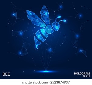 Abeja de holograma. Esté hecho de polígonos, triángulos, puntos y líneas. Estructura de abeja de baja poli de conexiones. Vector de concepto de Tecnología.