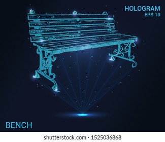 Hologram bench. Holographic projection of the bench. Flickering energy flux of particles. Scientific design recreation.