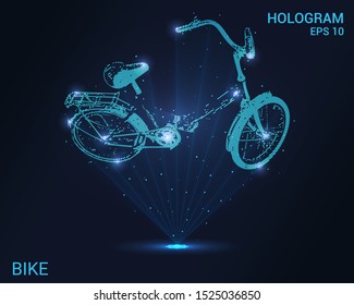 The hologram of bike. A holographic projection of a Bicycle. Flickering energy flux of particles. Scientific transport design.