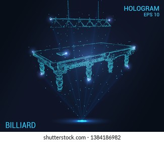Hologram Billiards. A holographic projection of a pool table. Flickering energy flux of particles. The scientific design of the billiard
