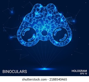 Binoculares de holograma. Binoculares hechos de polígonos, triángulos de puntos y líneas. Los binoculares son una estructura compuesta de baja polilla. Concepto tecnológico.