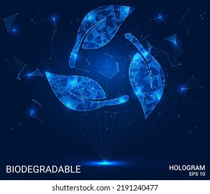 El holograma es biodegradable. Biodegradable a partir de polígonos, triángulos de puntos y líneas. Estructura de compuesto de bajo polígono de icono ecológico del producto. Vector de concepto de tecnología.