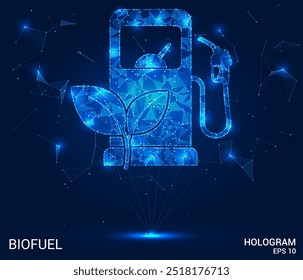Un holograma de biocombustibles. Biocombustibles de polígonos, triángulos de puntos y líneas. Los biocombustibles son una estructura compuesta de bajo contenido de polietileno. Vector de concepto de Tecnología.