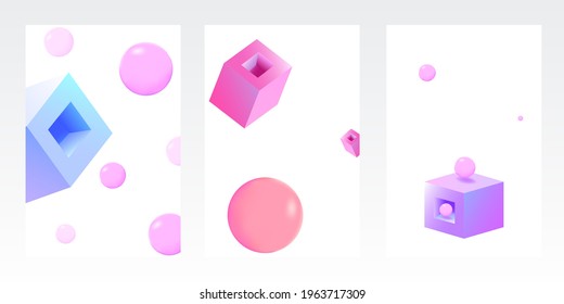 Hologram Block Structure Vector Set White Background. Graphic Box Illustration. Pink and Blue Business Cover. Bright Rectangle Brochure.