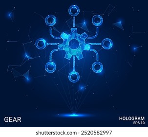 Holograma blockchain. Cadeia de blocos feita de polígonos, triângulos, pontos e linhas. Estrutura de conexões de blockchain de baixa polarização. Vetor de conceito de tecnologia.