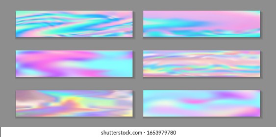 Hologram blurred banner horizontal fluid gradient mermaid backgrounds vector collection. Fantasy holography texture gradients. Fluid graphic design minimal mermaid backgrounds.