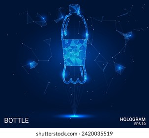 Eine Hologramm-Flasche. Eine Plastikflasche aus Polygonen, Dreiecken aus Punkten und Linien. Die Flasche hat eine niedrige polygonale Verbindungsstruktur. Technologiekonzept, Vektor.