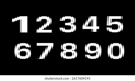 Hologram break distort numbers on black background. Vector cartoon illustration. Numbers from 1 to 10 with the effect of glass, refraction. 