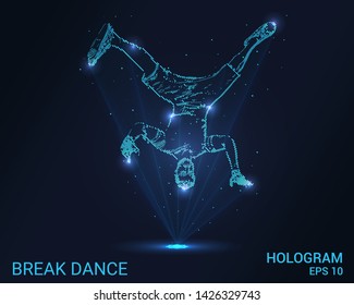 Hologram breakdance. Holographic projection dance. Flickering energy flux of particles. The scientific design of entertainment.