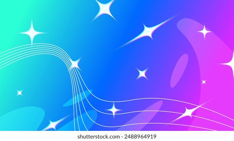 Hologram Bright Blue Chrome Gradient Background with Blinking Sparkles and Abstract Motion Fluid