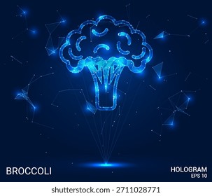 Hologram broccoli. The broccoli is made of polygons, triangles, dots and lines. The broccoli is a low poly connection structure. Technology, concept, vector. The broccoli stands out against blue.